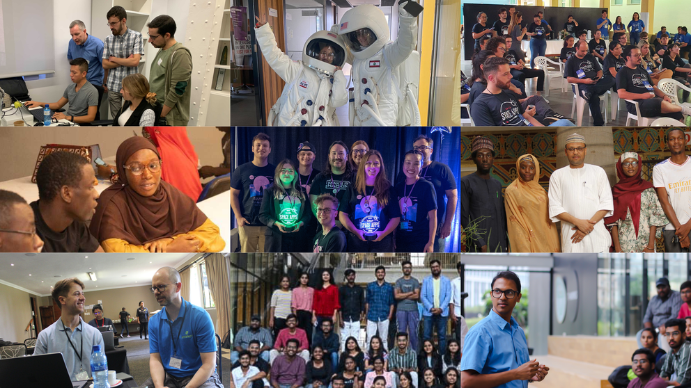 Compiled images of 9 groups of Space Apps participants at the 2022 event