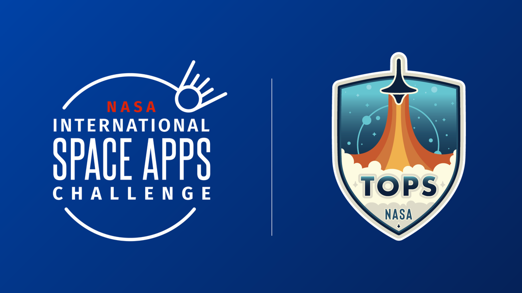 NASA Space Apps logo on the left with a line in the middle dividing the NASA TOPS logo on the right. Both logos are on top of a blue gradient background